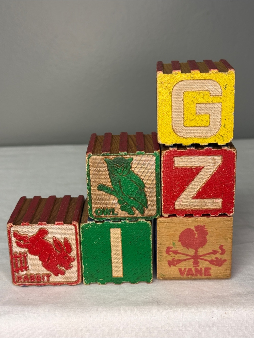 Vintage Wooden Alphabet Picture Blocks Lot of 6 Rabbit Owl Vane ABC 1.75" [C]